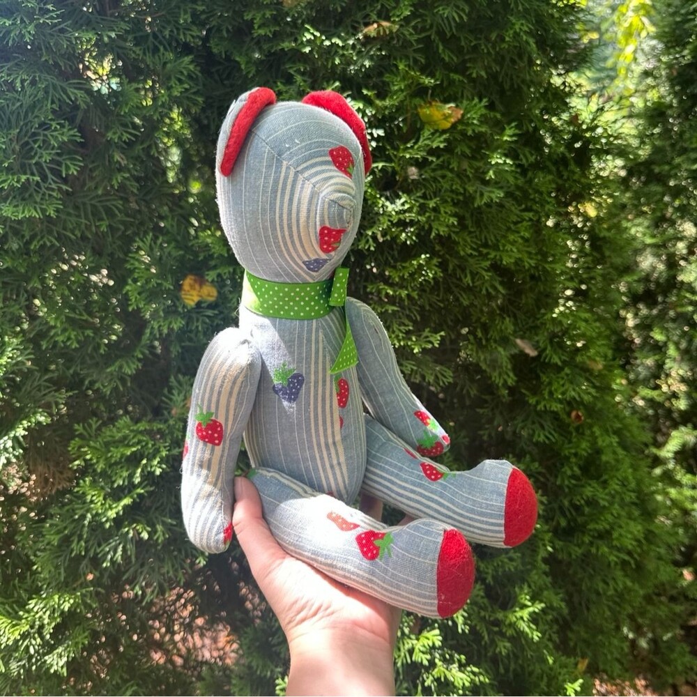 Vintage Handmade Keepsake Teddy Bear Strawberry Blue Red